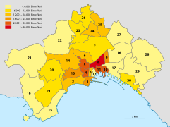 Die Stadtteile Neapels nach Bevölkerungsdichte, 2009[13]