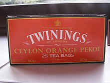 Twinings' Ceylon Orange Pekoe Tea with details of a Royal Warrant included on packaging