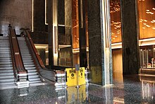 View of escalators and columns on the north side of the lobby