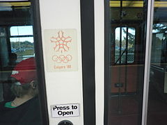 Calgary Transit CTrain U2 Duewag door emblazoned with logo of the 1988 Winter Olympics.