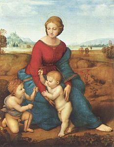 In the Madonna of the Meadow (1506), Raphael used white to soften the ultramarine blue of Virgin Mary's robes to balance the red and blue, and to harmonize with the rest of the picture.