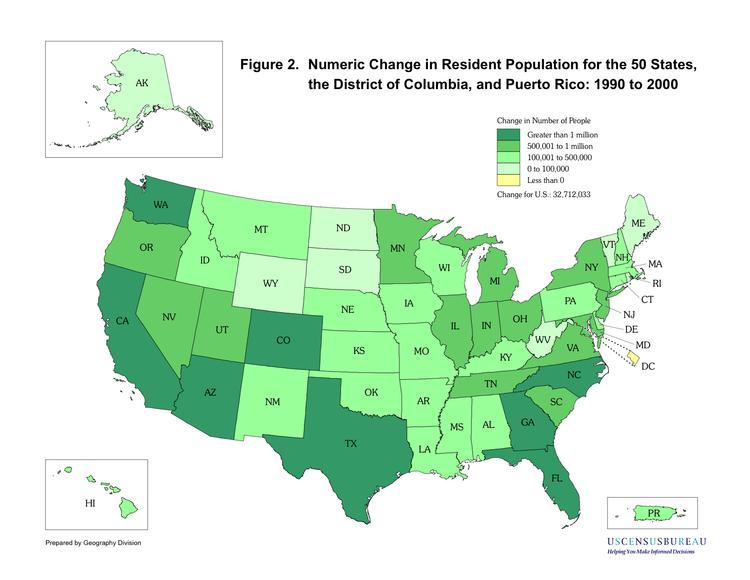 Canvi numèric en la població resident als EUA entre 1990 i 2000