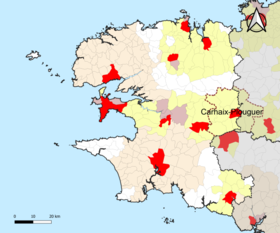 Localisation de l'aire d'attraction de Carhaix-Plouguer dans le département du Finistère.
