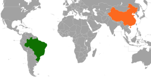 Mapa indicando localização do Brasil e da China.