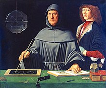 A painting of two men. The man at the center is looking off to his right while drawing a symbol with his right hand. His left hand is resting on a page in a book. He is wearing a robe with a hood. The man on the right is looking towards the front and is wearing a long-sleeve red shirt with a black jacket. Several writing utensils and books are on a table with a green tablecloth in the front of the image.