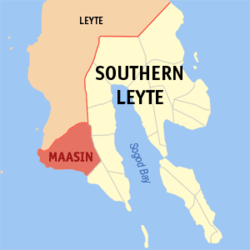 Mapa ng Katimugang Leyte na nagpapakita ng lokasyon ng Maasin.