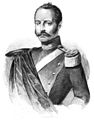 Dessin en noir et blanc d'un homme avec une moustache dans des habits de lieutenant et portant une cape