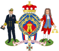 Margaret Thatcherin henkilökohtainen vaakuna, jossa ritarikunnan nauha kuvattuna heraldisena symbolina