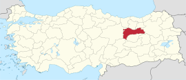 एर्झिंजान प्रांतचे तुर्कस्तान देशाच्या नकाशातील स्थान