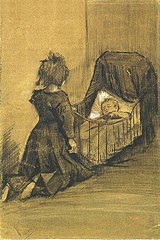 Nena de genolls davant d'un bressol (1883)