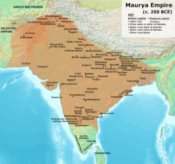 Maximum extent of the Maurya Empire, as shown by the location of Ashoka's inscriptions, and visualized by historians: Vincent Arthur Smith;[7] R. C. Majumdar;[8] and historical geographer Joseph E. Schwartzberg.[9] के लोकेशन