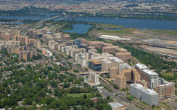 Aerial view of Crystal City (foreground) and the Potomac River and Washington, D.C. (background) in September 2020
