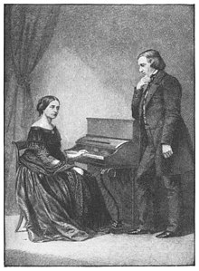 Drawing of a woman sitting at an upright piano and a man standing in front of the instrument, looking at her, with his right hand at his chin