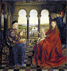 The painting shows the Virgin Mary (on the right) crowned by a hovering Angel while she presents the Infant Jesus to the donor, Chancellor Rolin (to the left). It is set within a spacious Italian-style loggia with a rich decoration of columns and bas-reliefs. In the background is a landscape with a city on a river.