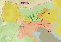 מקרא:   צבא סוריה   שטח בשליטת הכורדים (YPG וSDF)   שטח בשליטת המדינה האסלאמית (דאעש)   שטח בשליטת הצבא הסורי החופשי   השטח הטורקי