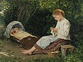Strickendes Mädchen, Kleinkind in der Wiege hütend, 1884