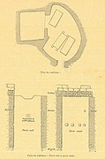 A group of three sketches showing a burial chamber with three rectangles representing sarcophagi, and two burial shafts