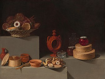 Sweets, pottery, glassware, and wooden containers. Still Life with Sweets and Pottery by Juan van der Hamen; 1627, 85 × 113 cm, National Gallery.
