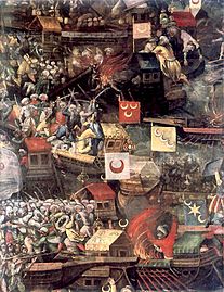 The painting of the 1571 Battle of Lepanto by Tommaso Dolabella (c. 1632) shows a variety of naval flags with crescents attributed to the Ottoman Empire.