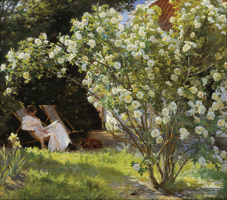 Roses. Marie Krøyer seated in the deckchair in the garden by Mrs Bendsen's house, P.S. Krøyer (1893)
