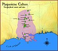 Image 12A map showing the geographical extent of the Plaquemine cultural period and some of its major sites. (from History of Louisiana)