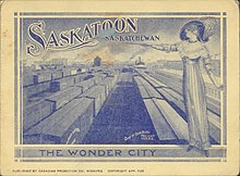 a woman standing over a busy trainyard in Saskatoon with the words "Saskatoon, the Wonder City"
