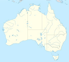 Mapa konturowa Australii, blisko prawej krawiędzi nieco na dole znajduje się punkt z opisem „Western Sydney Stadium”