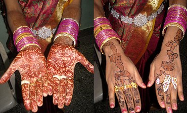 In India and Pakistan, brides traditionally have their hands and feet decorated with red henna.
