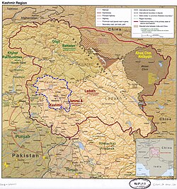 Baramulla lies in the Kashmir division (neon blue) of the Indian-administered Jammu and Kashmir (shaded tan) in the disputed Kashmir region.[1]