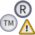 "R" dalam bulatan, "TM" dalam bulatan, dan tanda seru di segi tiga amaran.