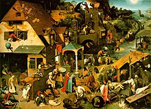 Photographie d'un tableau de style flamand, en couleurs, représentant une série de scènes pittoresques au village.