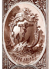 Rhode Island state coat of arms from the reverse of the National Bank Note Series 1882BB
