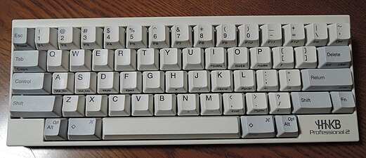 Happy Hacking Keyboard Professional 2[англ.]. Функции, доступные через Fn нанесены на переднюю часть клавиши.