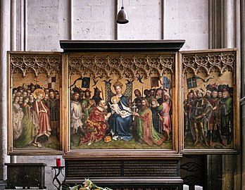 Retablo de los Reyes Magos (Dreikönigsaltar)[83]​ en la catedral de Colonia, de Stefan Lochner (1445).