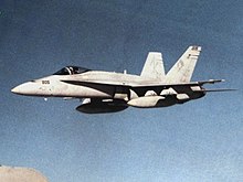 An F/A-18A Hornet from VFA-132 Privateers in flight, circa 1985 during a deployment.