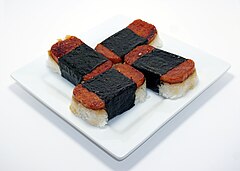 A plate of freshly made Spam musubi.