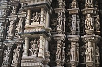 Intricately carved sculptures on the exterior of one of the Khajuraho Group of Monuments