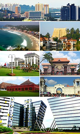 Orar nga lart: Pamje e Kulathoor-it, Tempulli Padmanabhaswamy, Mandiri Niyamasabha , Fortesa Lindore, Teknoparku, Pallati Kanakakkunnu, Thiruvananthapurami Qëndror dhe Plazhi Kovalam