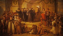 Slika Martina Luthera u redovničkoj odjeći koji propovijeda i gestikulira dok dječak prikucava Devedeset pet teza na vrata pred okupljenim ljudima
