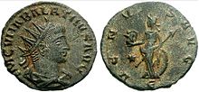 coin of Vaballathus. the obverse depicting the head of a man wearing a crown. the reverse depicts a goddess. inscriptions on both sides