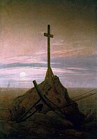 The Cross Beside The Baltic (1815), 45 × 33.5 cm. Schloss Charlottenburg, Berlin. This painting marked a move away from depictions in broad daylight, to return to nocturnal scenes, twilight and a deeper poignancy of mood.[91]