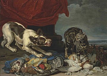 Peinture représentant un chat et un chien se battant pour la volaille, une colonne avec rideau drapé et paysage côtier au loin
