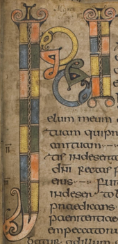INI monograph from folio 2r of the Durham Gospel Fragment, with two circular fish-like creatures forming the diagonal stroke