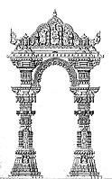 Artistic rendition of the Kirtistambh at Rudra Mahalaya Temple. The temple was destroyed by Alauddin Khalji.[258]