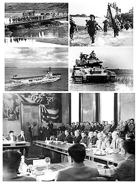 Po směru hodinových ručiček shora: Podpůrné laoské jednotky se po pádu Dien Bien Phu vrací zpět přes řeku Mekong do Laosu; Francouzská námořní komanda brodí na pobřeží Annamu v červenci 1950; americký lehký tank M24 Chaffee používaný Francouzi ve Vietnamu; Ženevská konference 21. července 1954; Grumman F6F-5 Hellcat z Escadrille 1F se chystá přistát na letadlové lodi Arromanches (R95) v Tonkinském zálivu.
