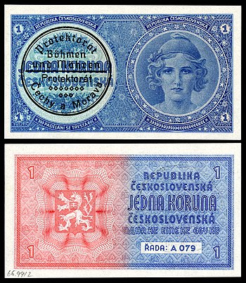 Bankovka nominální hodnoty 1 protektorátní koruna, původně vytištěná jako koruna československá (1938); v oběhu během roku 1939 s razítkem protektorátní měny na lícové straně