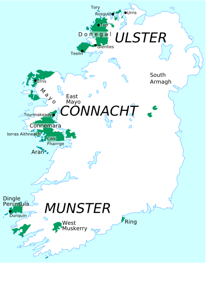 Carte de l'Irlande, avec des régions de langue irlandaise colorées en vert