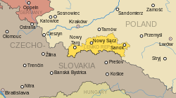 The approximate extent of the territory claimed by the Lemko Republic (yellow).