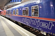View of Nightjet train no. NJ 490, as it awaits departure from Wien Hauptbahnhof bound for Düsseldorf Hbf / Hamburg-Altona