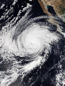 Satellite image of Category 2 Hurricane Rosa approaching Baja California Peninsula on September 29